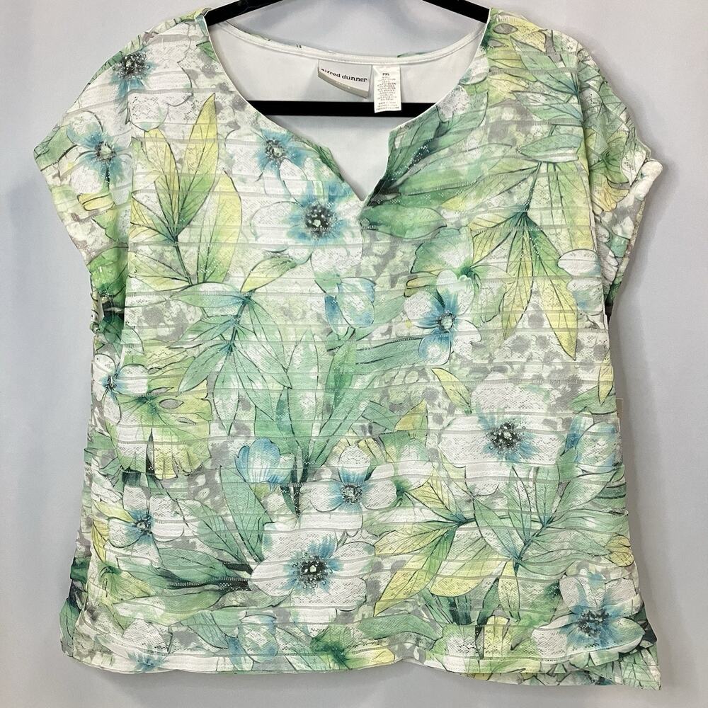 Alfred Dunner Short Sleeve Green Floral Blouse Knit Top Women's Petite XL PXL